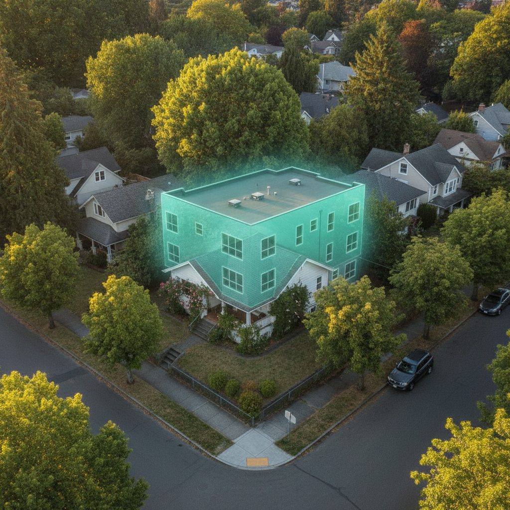 A single-family lot upzoned for a three-story multi-family building