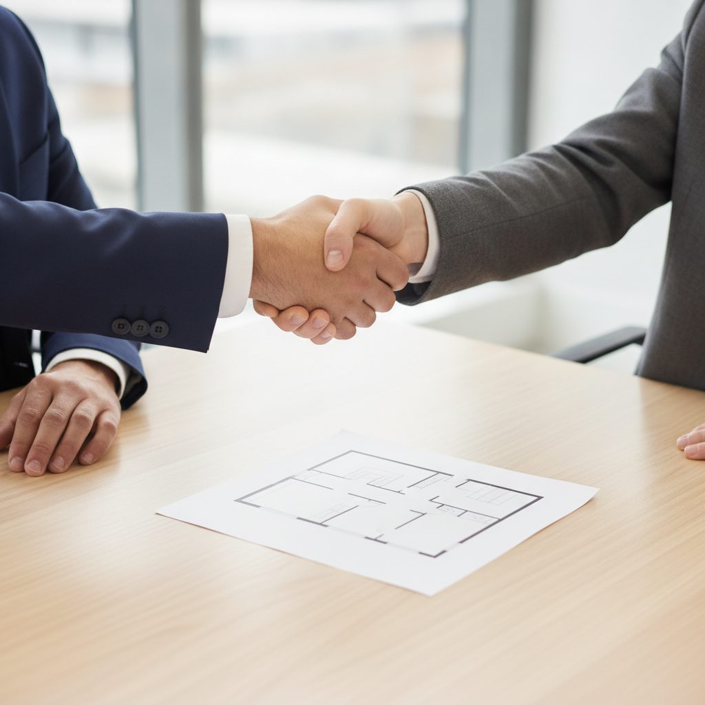 A designer handing settled floor plans to an engineering team